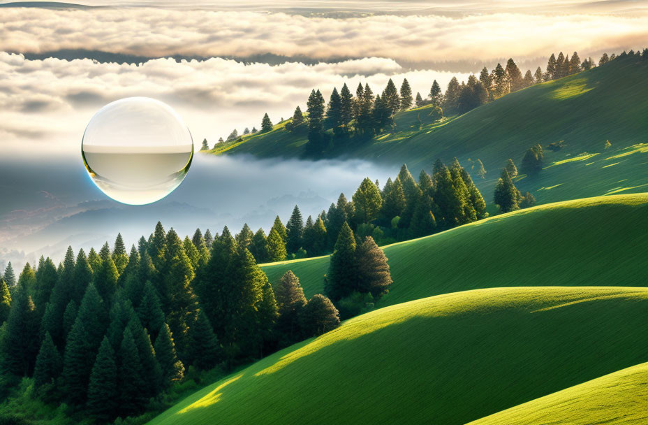 Scenic green hills with coniferous trees under golden sunlight and floating crystal ball.