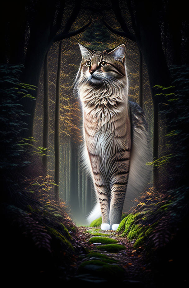 Majestic cat in sunlit forest with towering trees