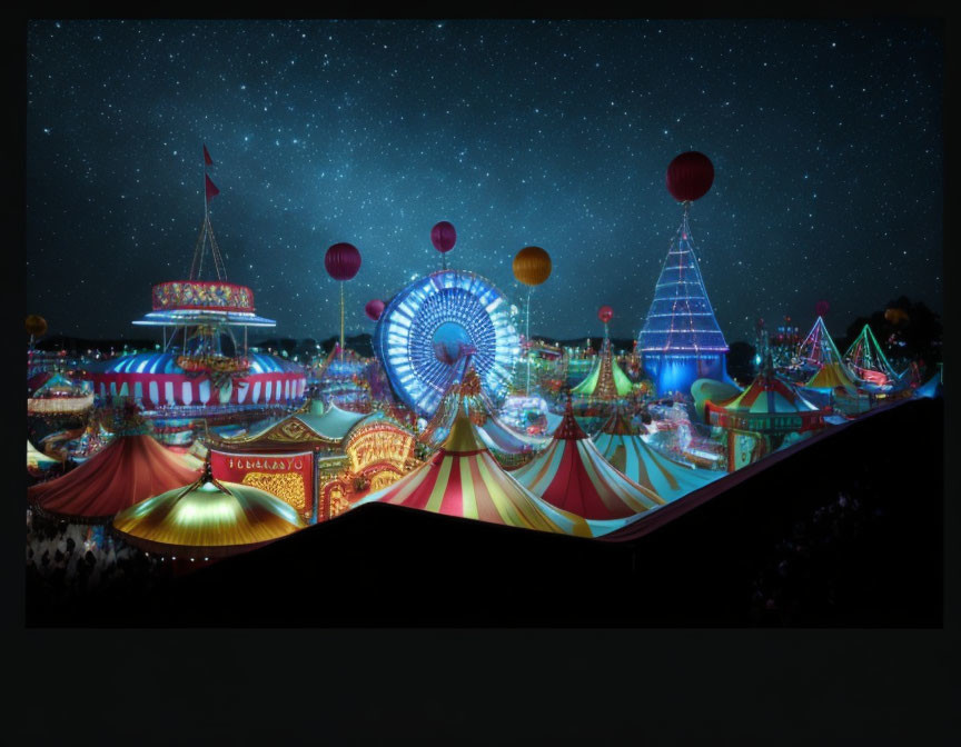 Festive amusement park at night with Ferris wheel & illuminated tents