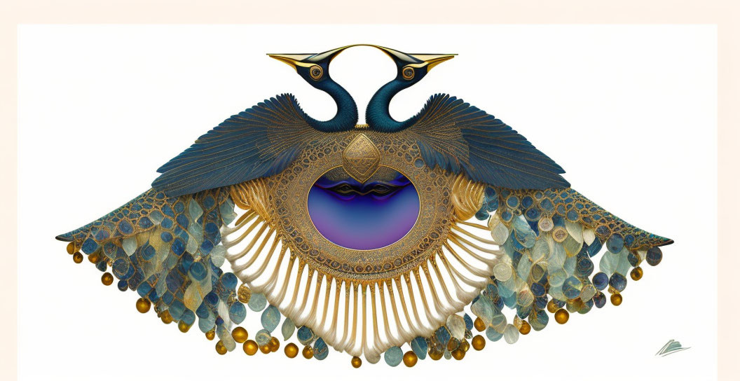 Stylized bird artwork with blue, gold feathers & purple gem