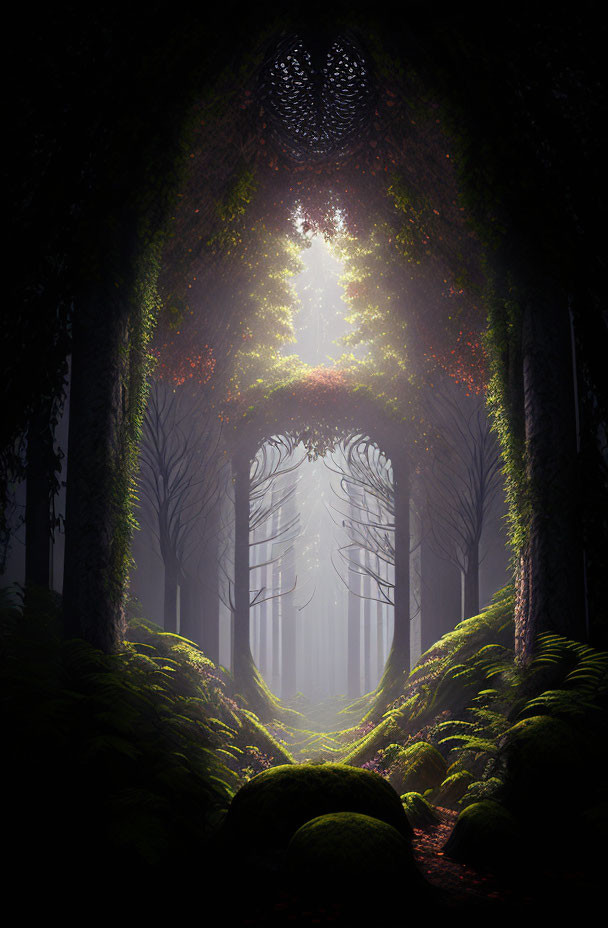 Enchanting forest with tall trees, sunbeam, and natural archway