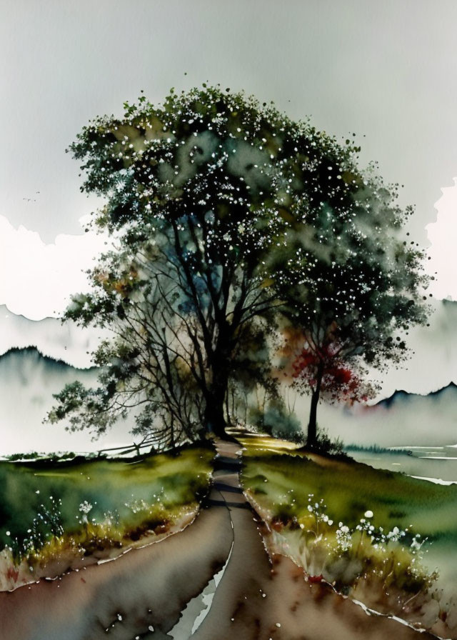 Scenic pathway watercolor with tree, mountain, and flowers