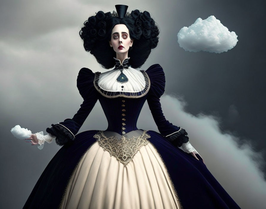 Victorian-era dressed woman posing dramatically with cloud-like object