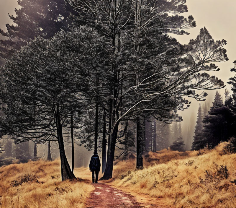 Solitary figure walking on misty path among tall trees