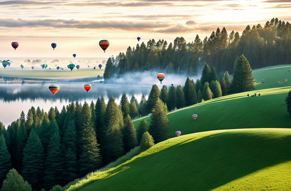 Misty Lake Sunrise with Hot Air Balloons