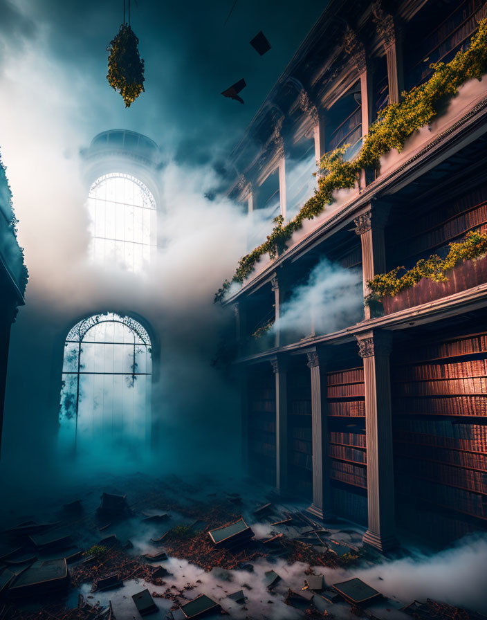 Abandoned library with overgrown plants and misty sunlight.