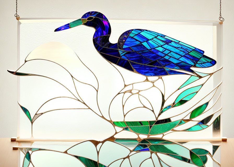 Vibrant Blue Heron Stained Glass Artwork with Floral Patterns