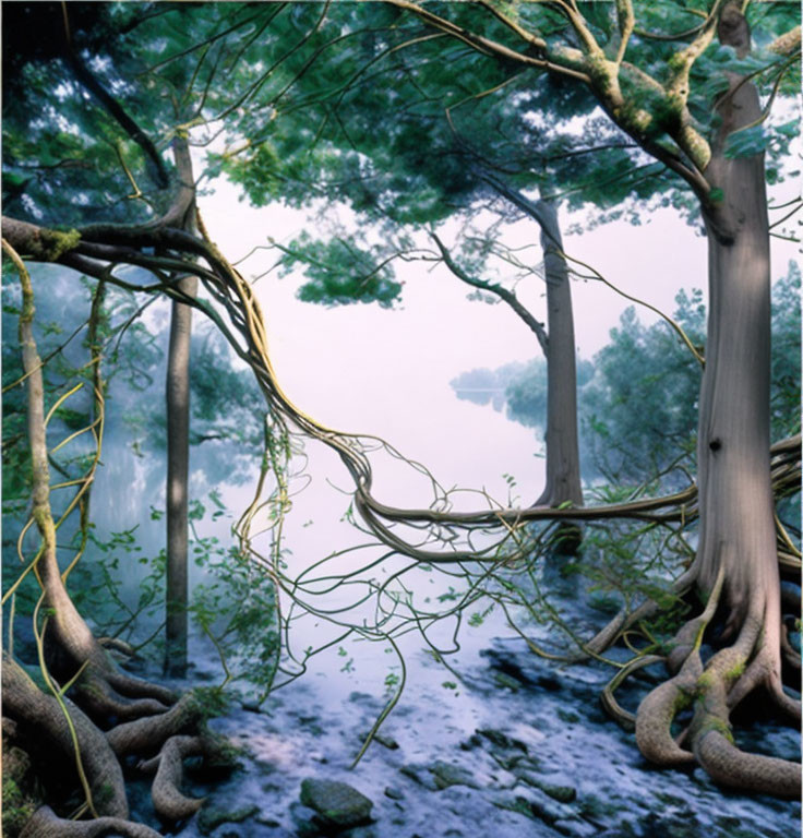 Tranquil forest landscape with intertwined roots and branches by water