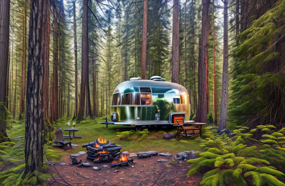 Vintage Trailer Parked in Lush Forest with Campfire and Outdoor Seating