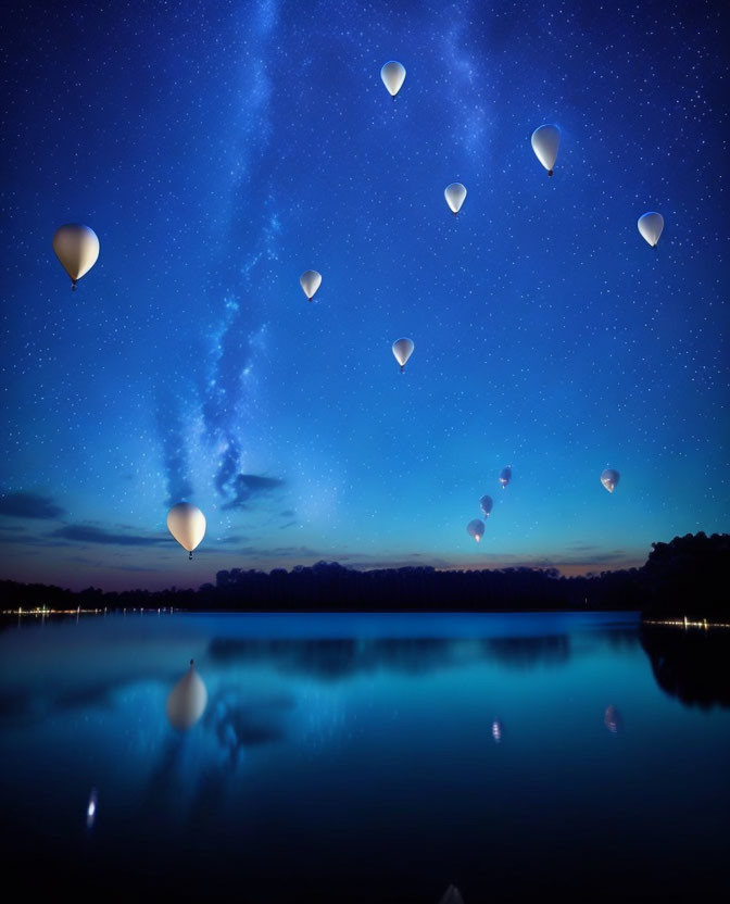 Starry sky hot air balloons over tranquil water at twilight