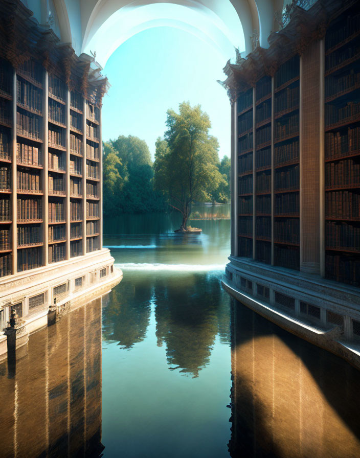 Grand library with towering bookshelves by serene river