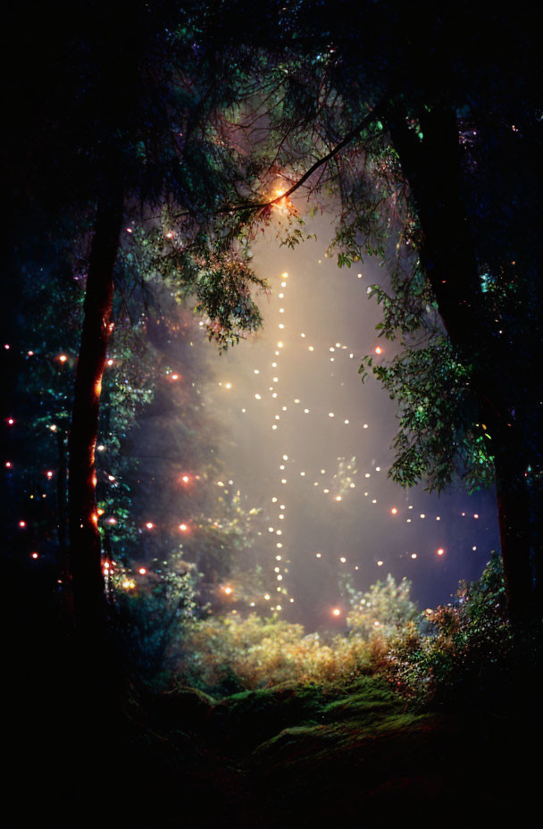 Mystical forest scene at night with illuminated hanging lights