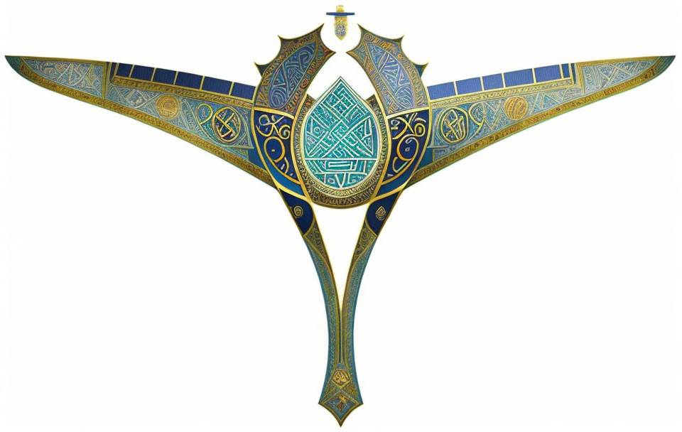 Intricate Celtic sword with blue and gold hilt and green gemstone