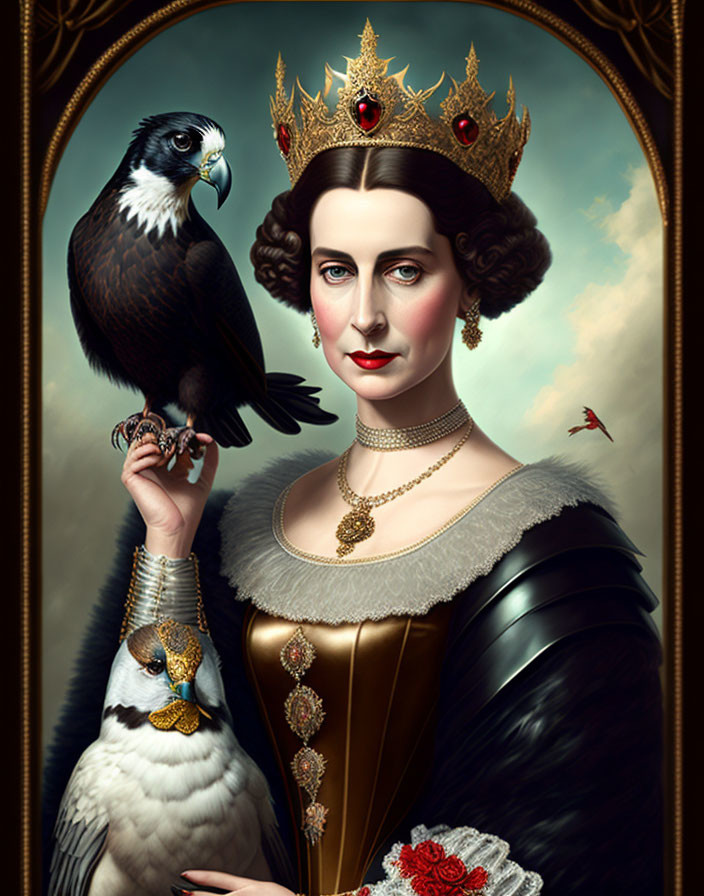 Portrait of woman with crown, falcon, gold-trimmed dress, fur cape, and humming