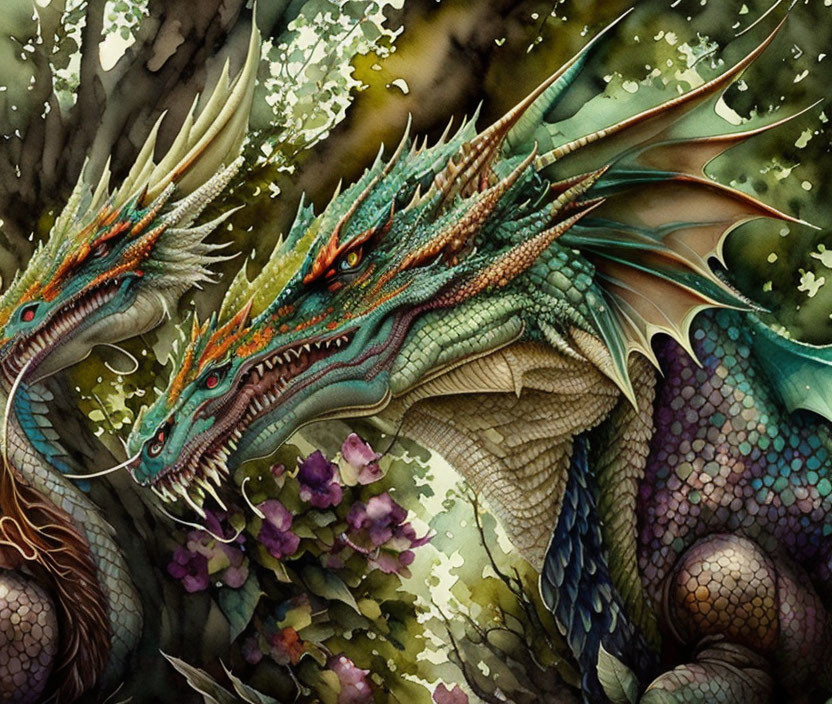 Detailed Multi-Headed Dragon in Lush Environment