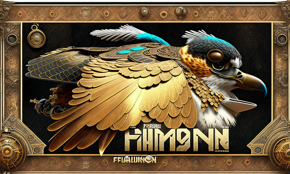 Majestic mechanical bird with golden feathers on steampunk background