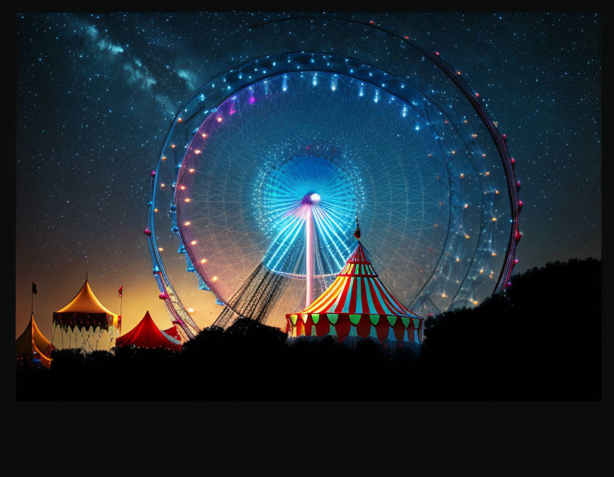 Colorful Ferris Wheel and Circus Tents Light Up Night Sky