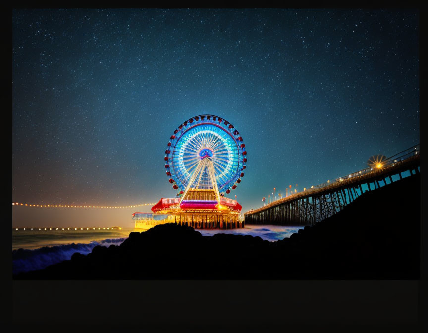 Ferris wheel at night by ocean pier with starry sky