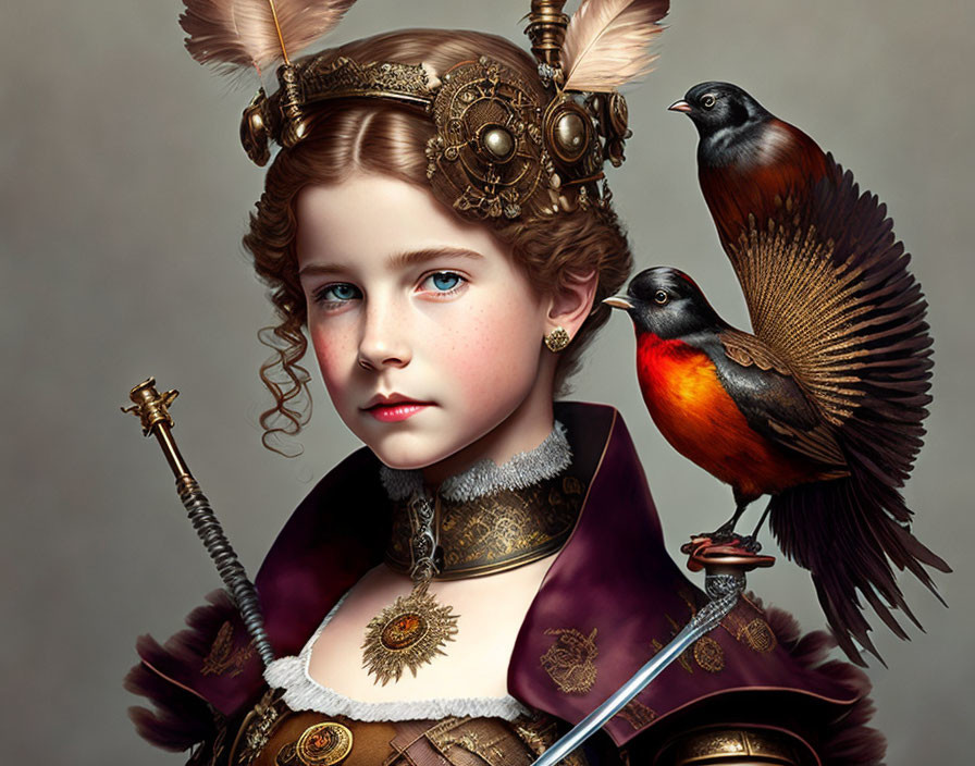 Victorian-style girl with steampunk accessories and birds.