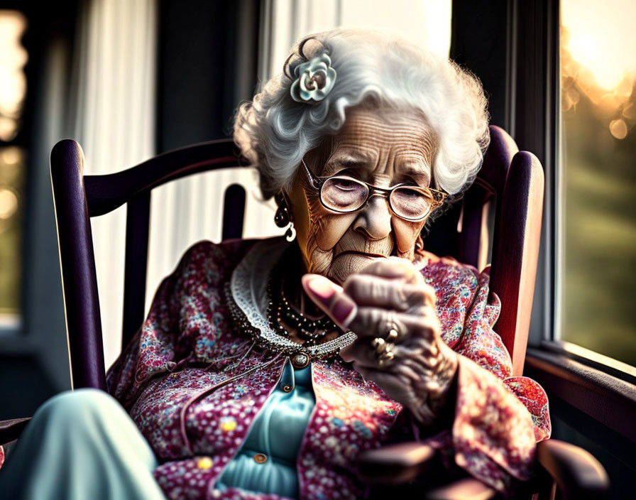 Elderly woman in floral dress and glasses sitting in rocking chair by window.