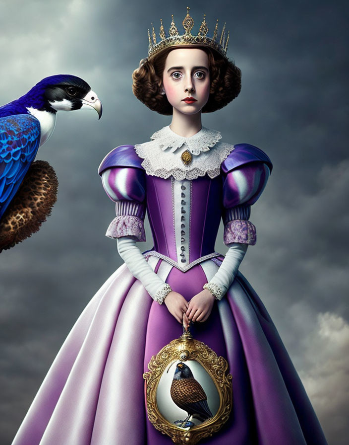 Surreal portrait of woman in royal attire with bird and locket