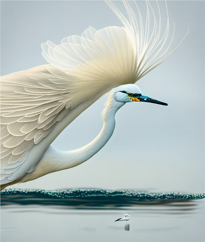 Stylized great egret with flowing feathers beside realistic reflection in water