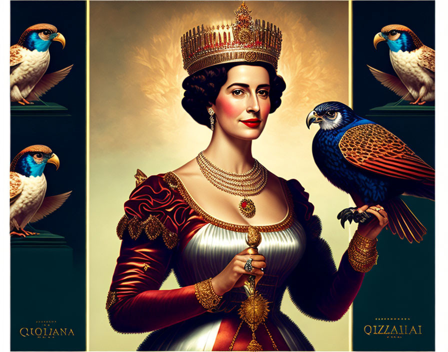 Regal woman in crown and Renaissance attire with birds on dark background