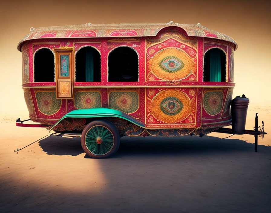 Colorful traditional caravan in desert landscape with intricate designs.