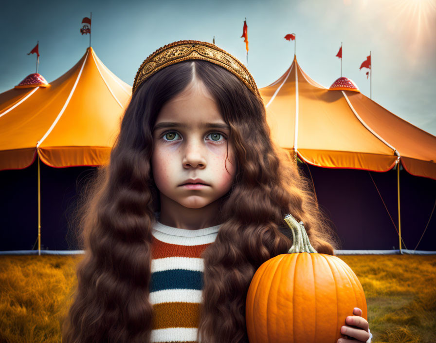 Young girl with long brown hair and golden crown holding a pumpkin in medieval setting