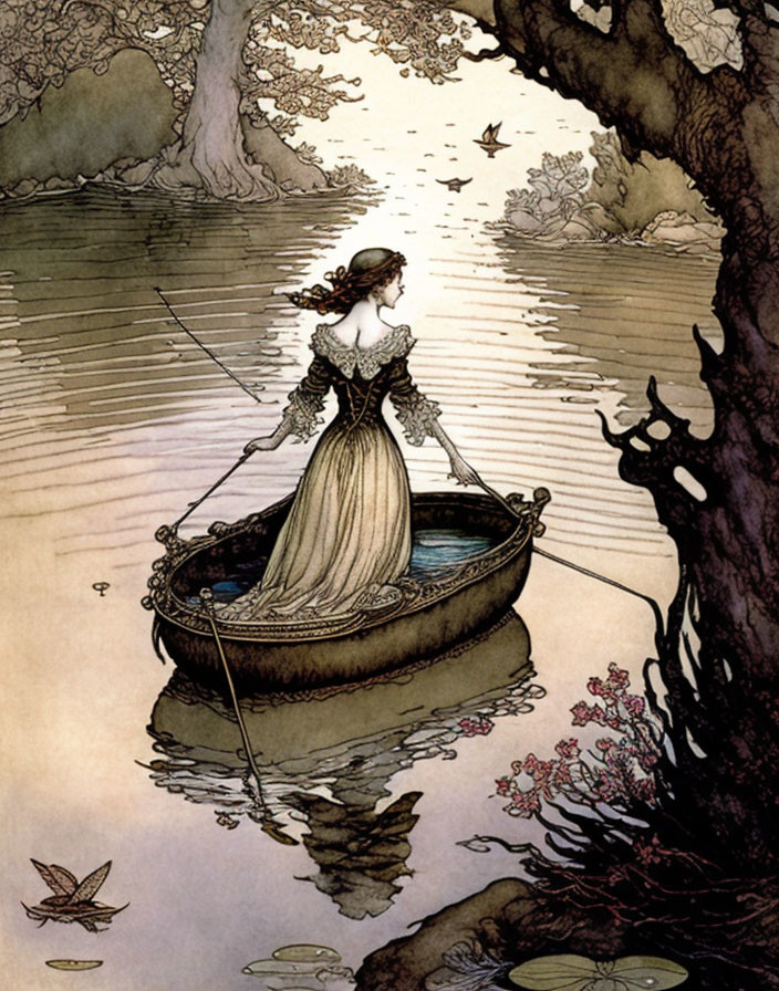 Woman in elegant gown on tranquil pond in small boat