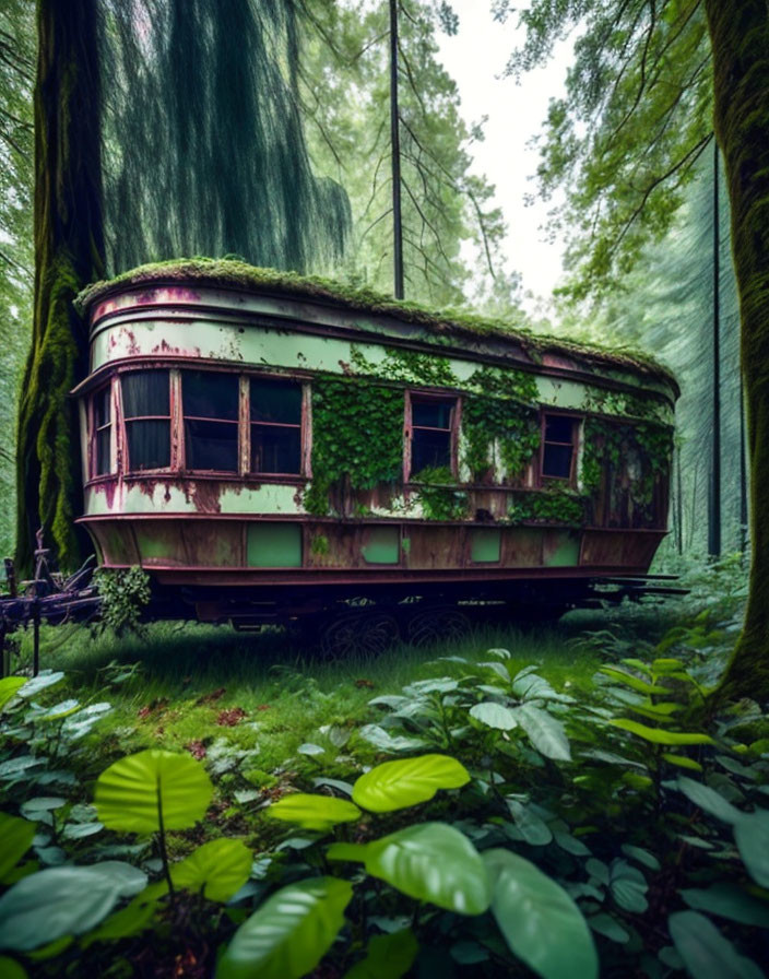 Abandoned tram car covered in vines in misty forest