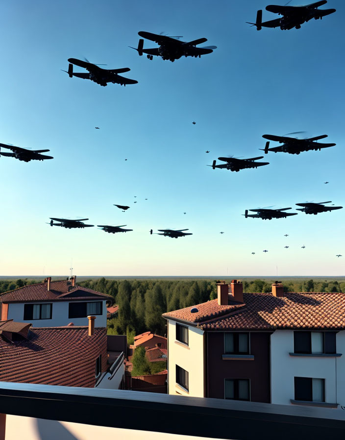 Formation of helicopters over suburban houses and trees.