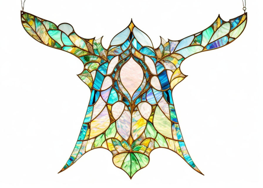 Colorful butterfly-shaped stained glass artwork on white background