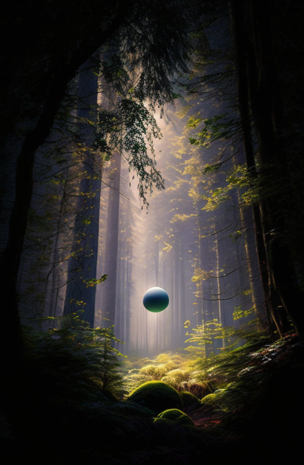 Tranquil forest with sunbeams and floating orb in undergrowth