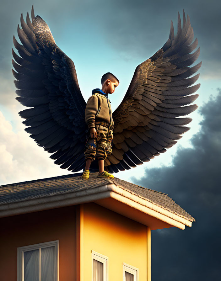 Boy with Large Eagle Wings Stands on House Roof under Cloudy Sky