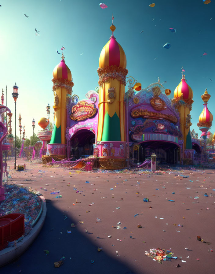 Colorful onion-domed structures in vibrant fantasy amusement park