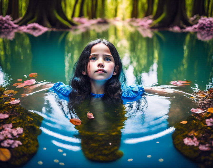 Young girl in blue dress partially submerged in serene turquoise pond with pink flowers and leaves.