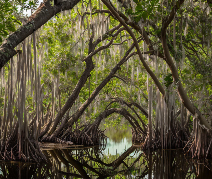 Tranquil mangrove forest with intricate roots, Spanish moss canopy, and still water.