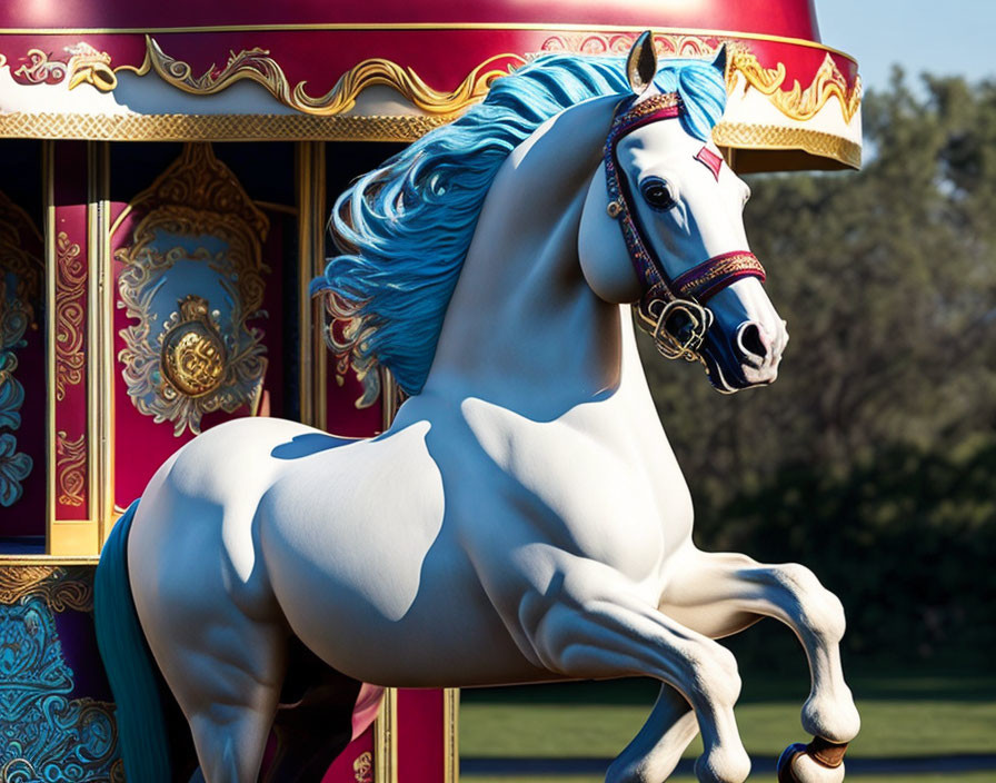 Detailed Carousel Horse with Blue Mane and Decorative Harness on Vibrant Carousel Background