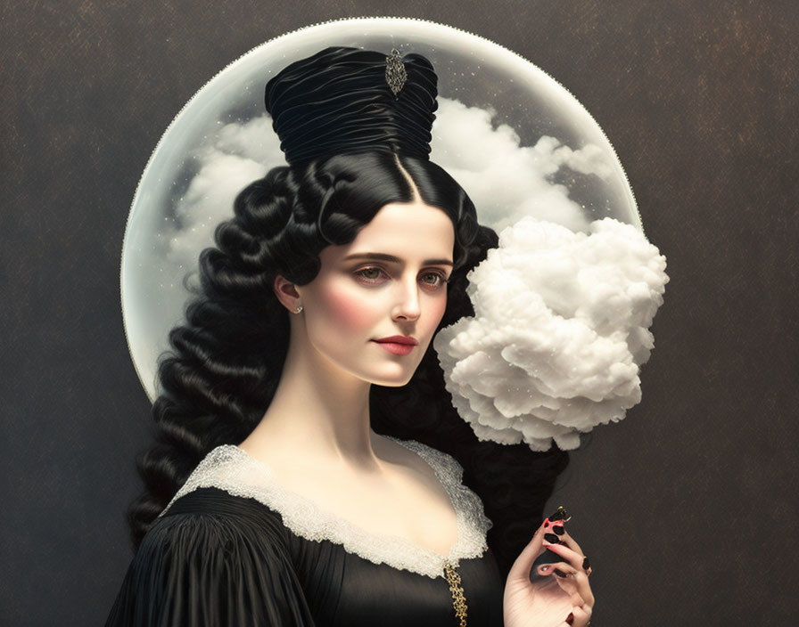 Dark-haired woman with high-styled hair and cloud backdrop holding realistic cloud.