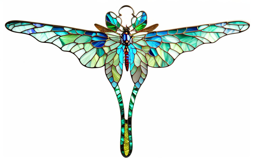 Colorful Dragonfly Stained Glass Art in Blue, Green, and Teal