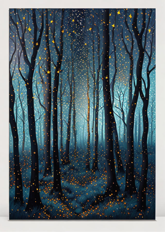 Starry Night Painting: Forest Scene with Glowing Lights