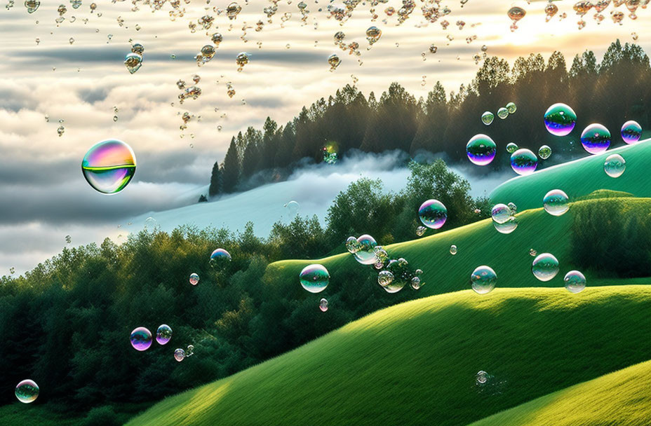 Green hills and trees in misty landscape with floating soap bubbles.