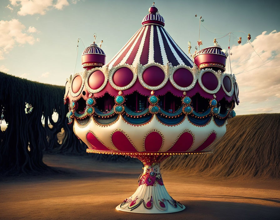 Colorful ornate carousel against surreal tree backdrop