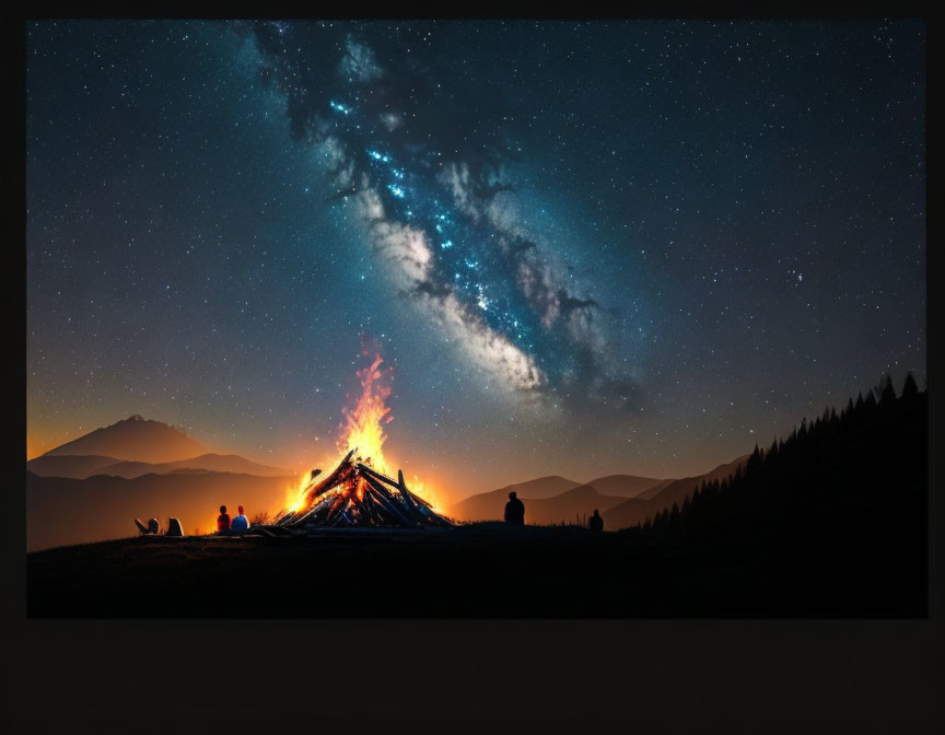 Nighttime gathering around bonfire under starry sky with Milky Way.