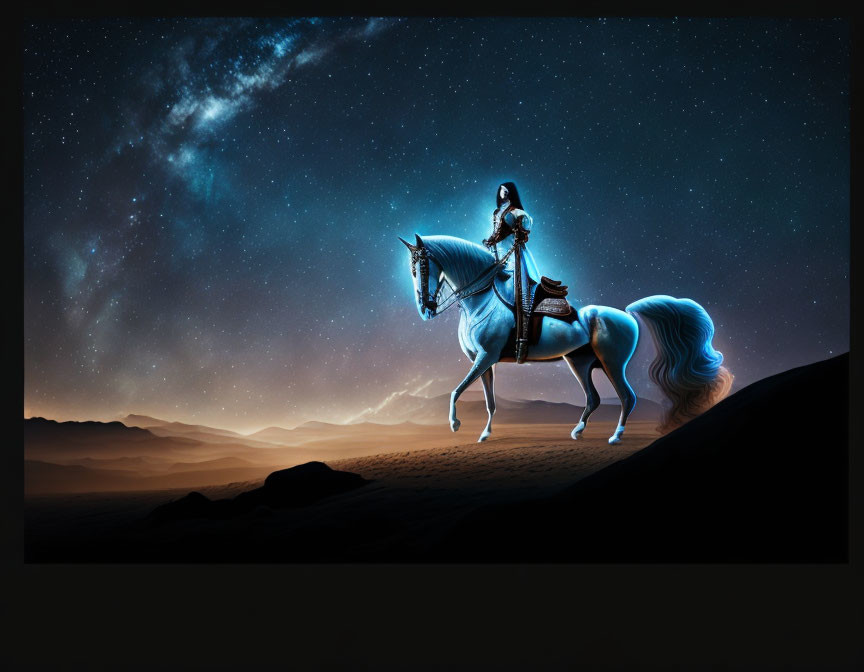 Silhouetted figure on majestic horse under starry sky with glowing blue accents