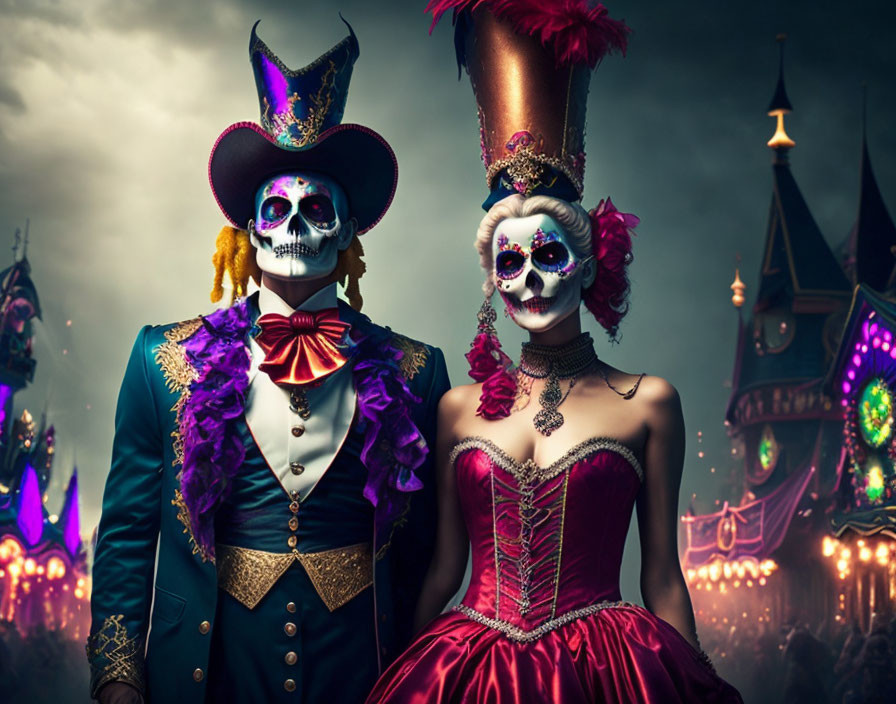 Festive skeleton makeup on two people in elaborate costumes