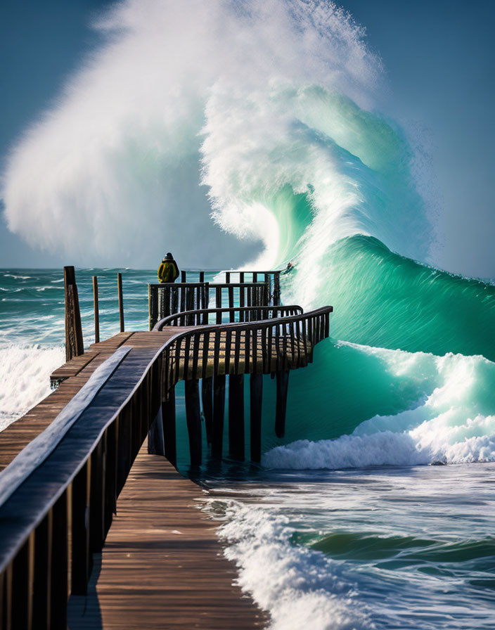 Yellow-clad person watches turquoise wave by wooden pier under blue sky