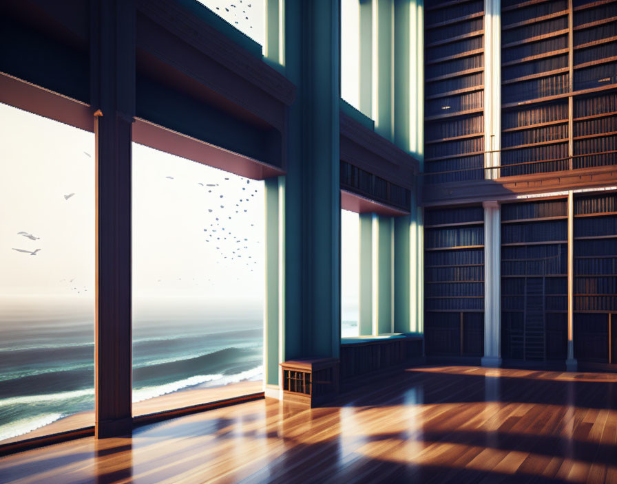 Large library with sea view & tall bookshelves.