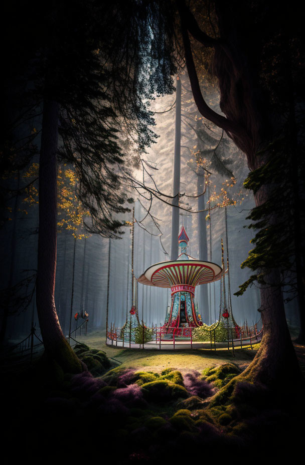 Misty forest with whimsical carousel in sunlight